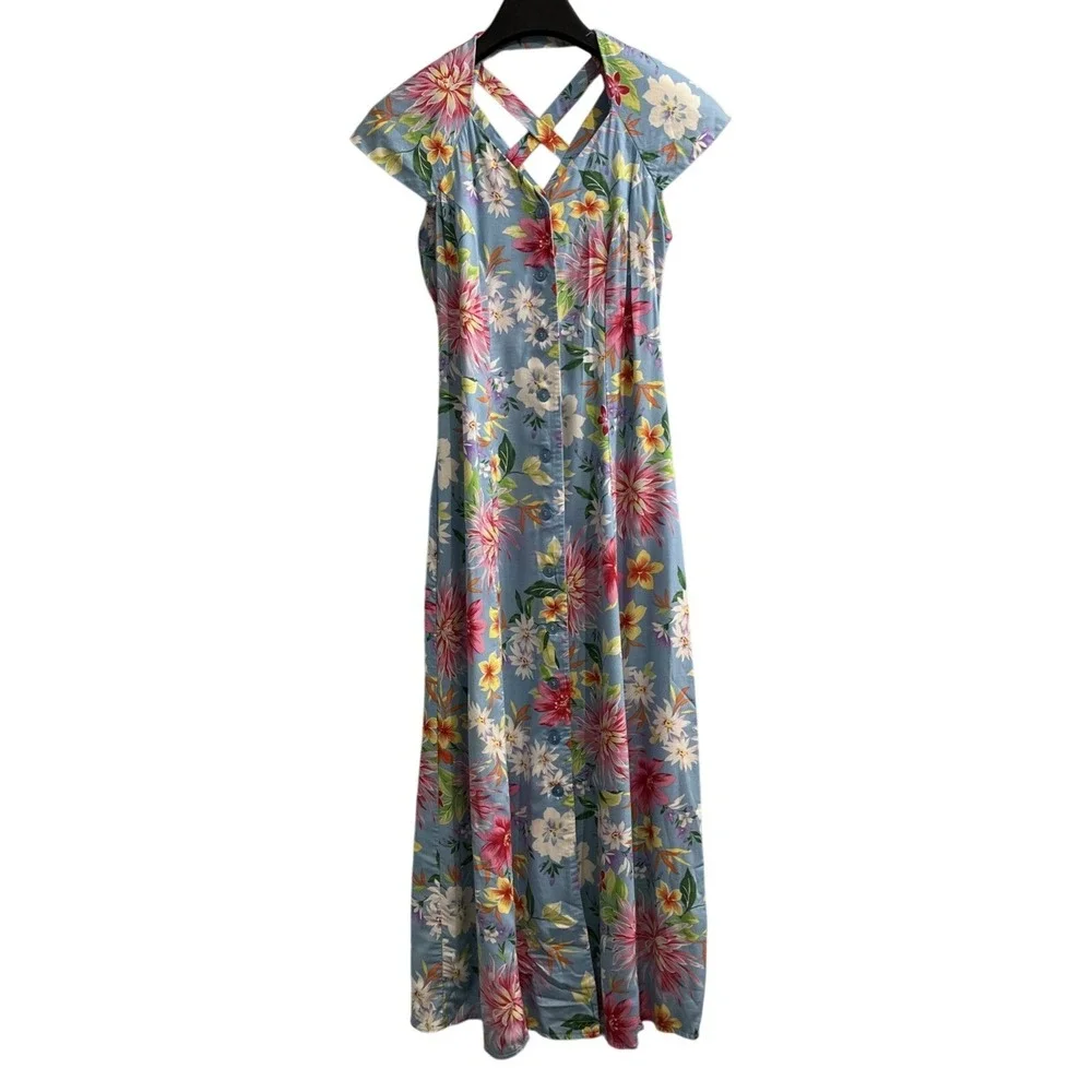 Vintage Scarlett Dress Womens 5/6 Blue Tropical‎ Floral Button Front Maxi Resort